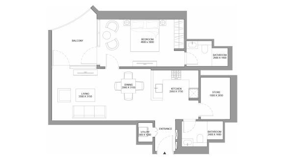 Apartment floor plan, 1.5 bedroom in Skyvue Stellar No. 11009 (2D)
